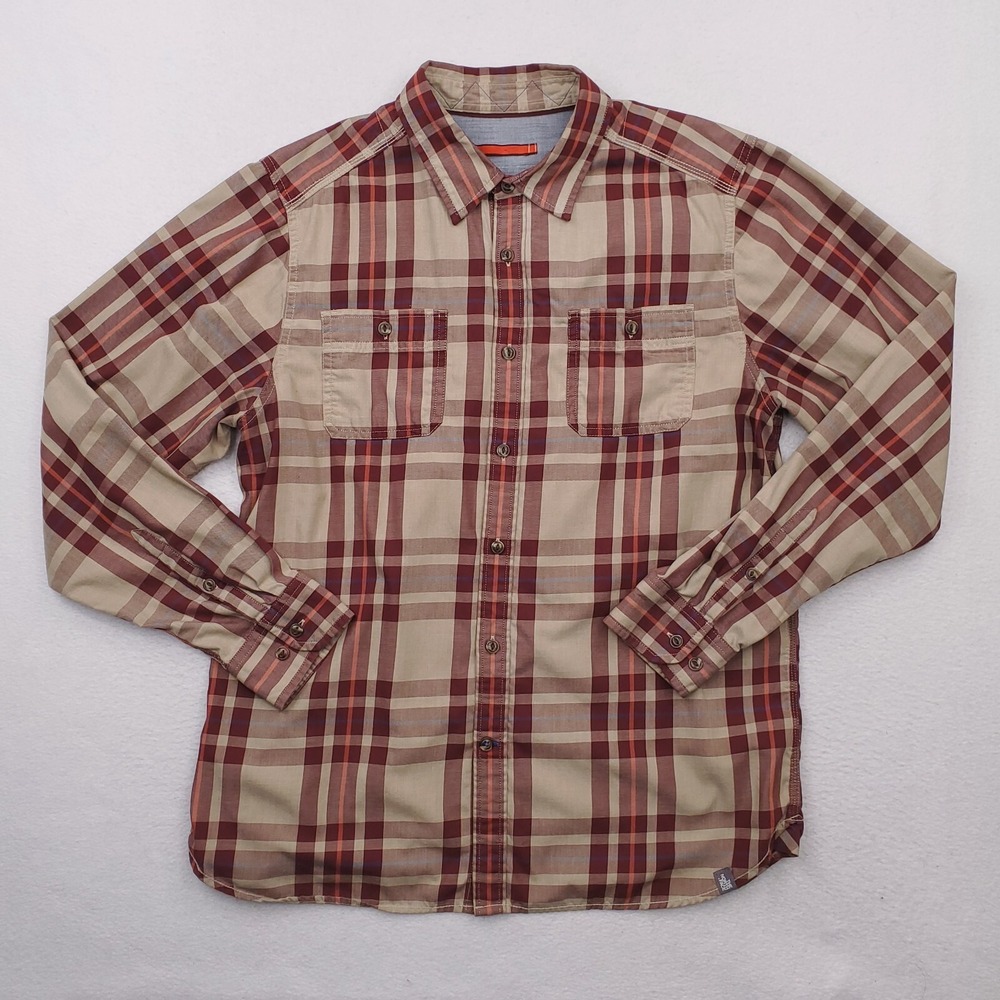 North Face Shirt Mens Large Red Tan Khaki Plaid Button Up Outdoor Trail Preppy